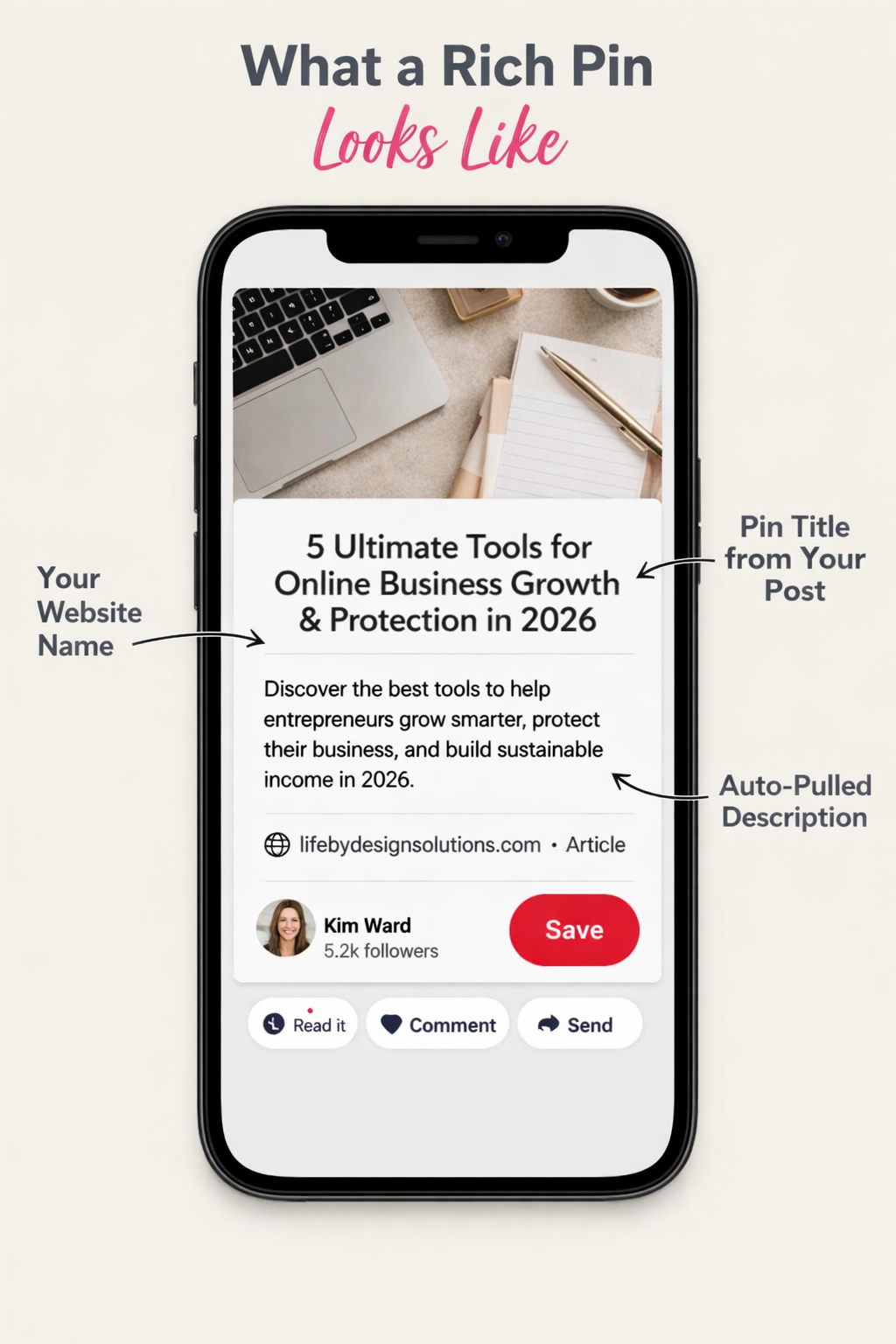 Example of an Article Rich Pin on Pinterest showing website name, title, and description pulled from a Ghost blog