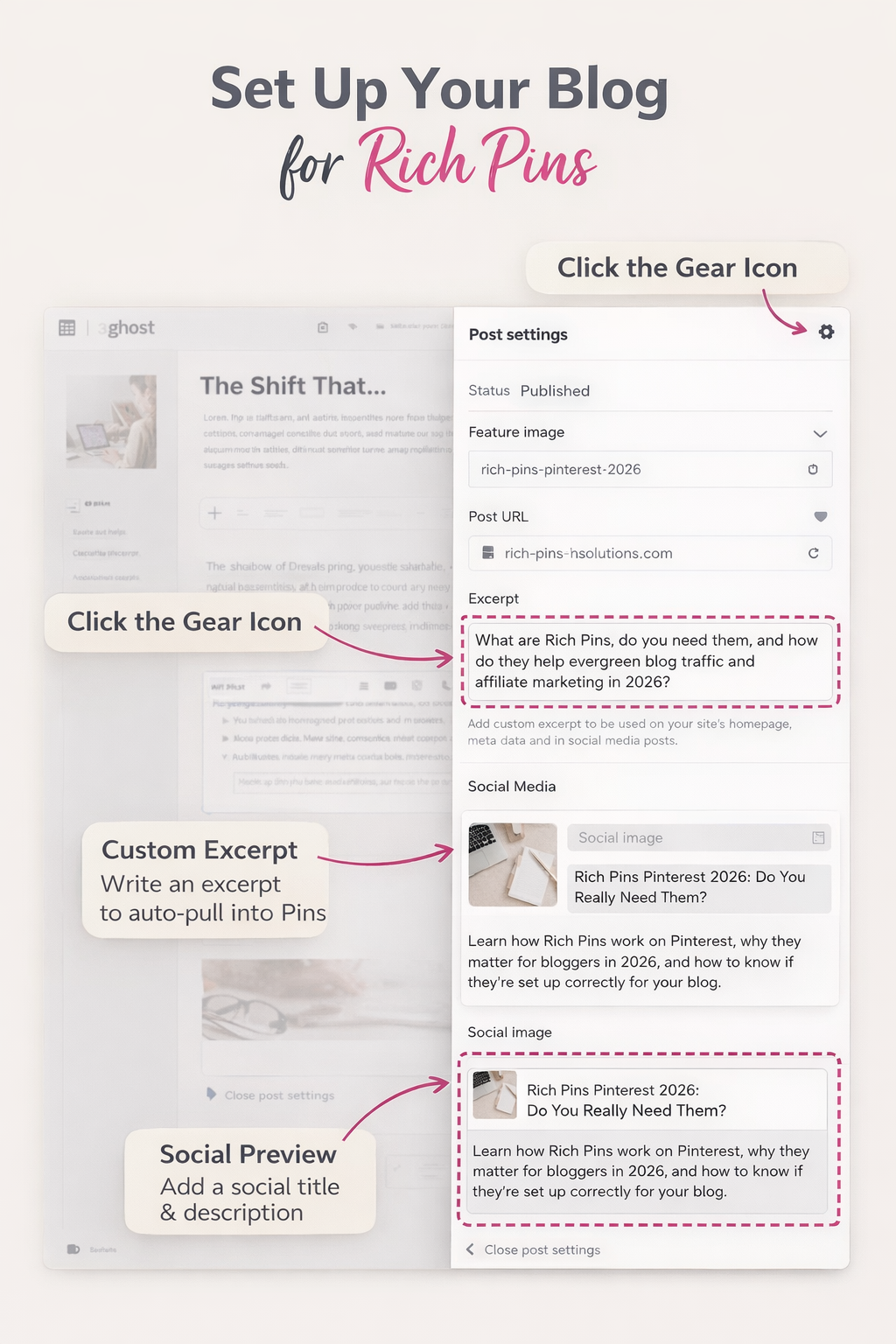 Ghost CMS post settings showing how to add custom excerpts and social previews for Pinterest Rich Pins