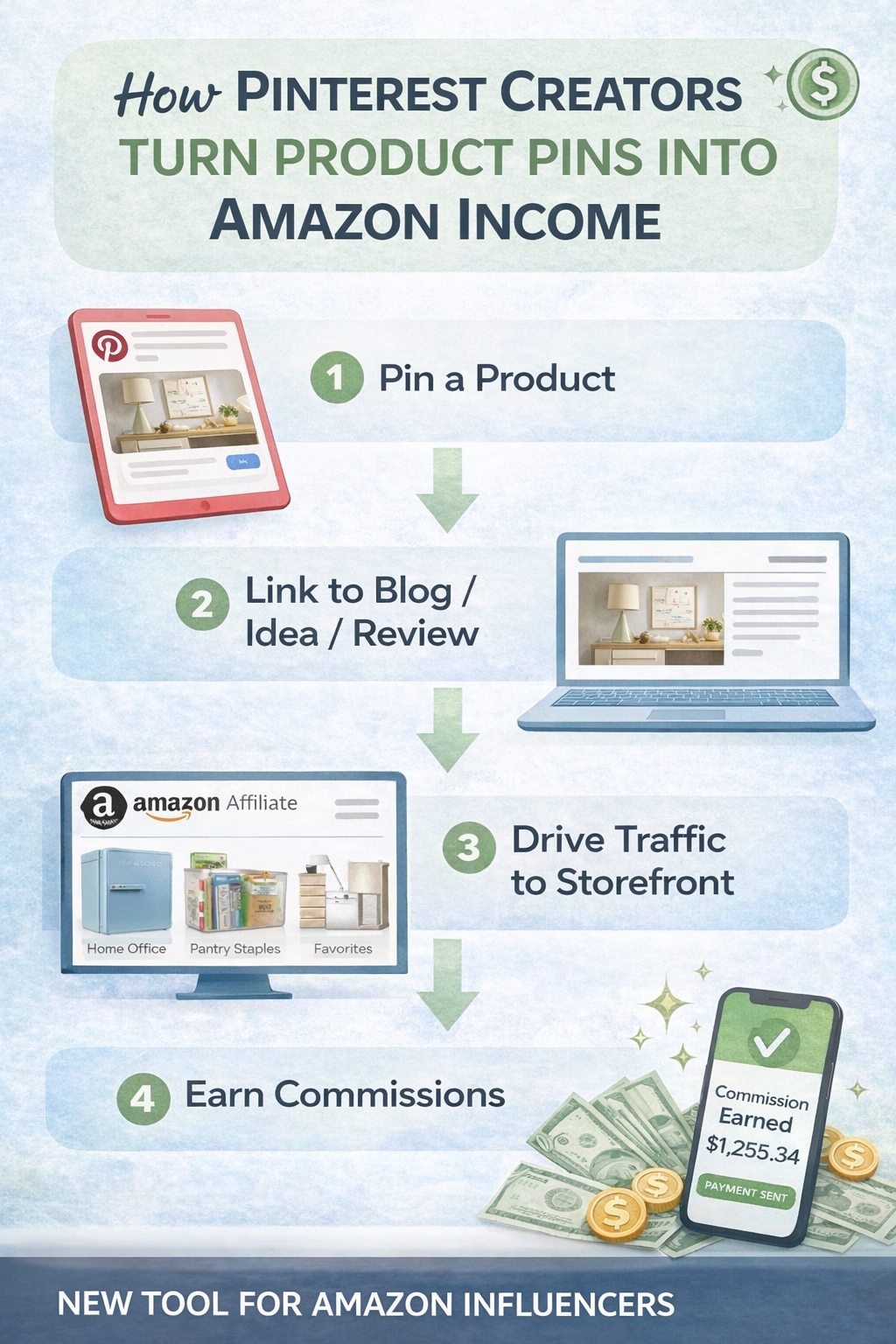 Infographic showing how Pinterest creators drive traffic from pins to Amazon influencer storefronts to earn affiliate commissions.